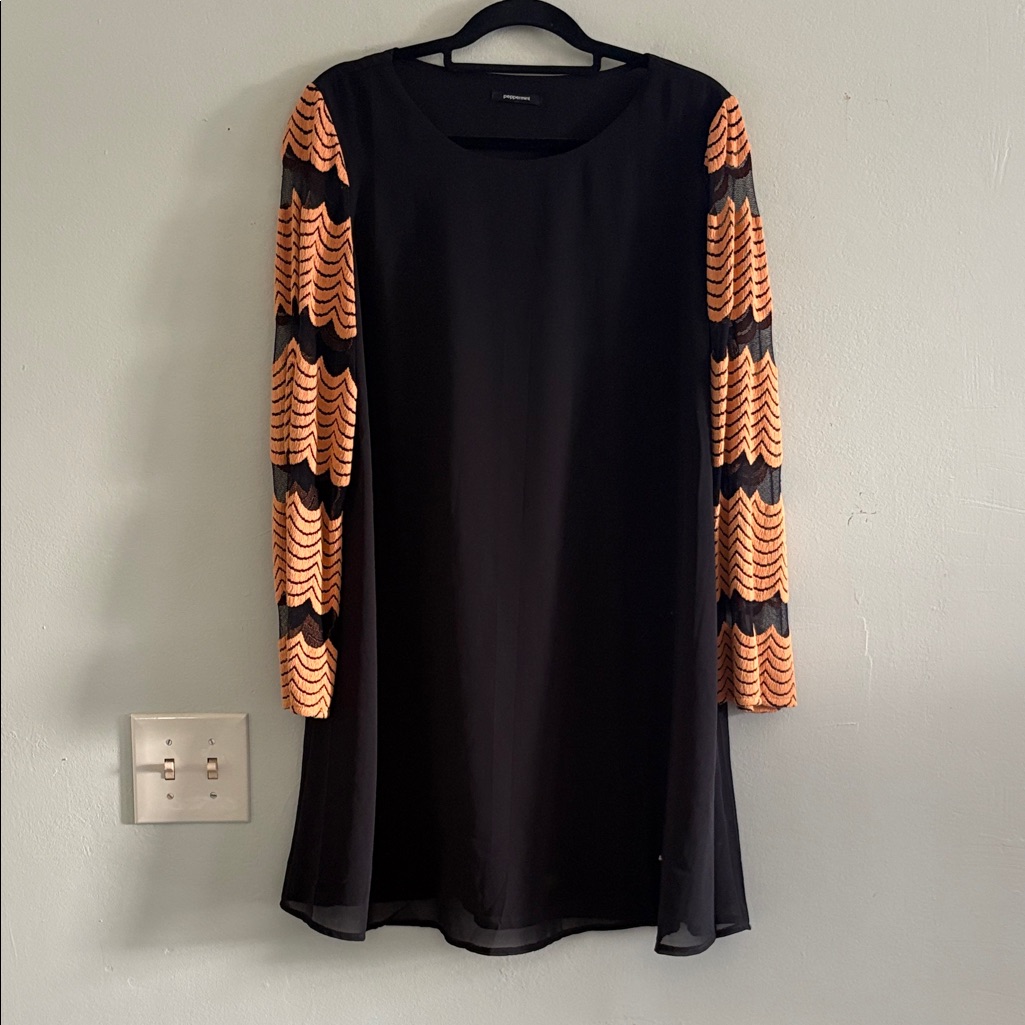 Peppermint Black Dress With Orange Patterned Long Sleeves L